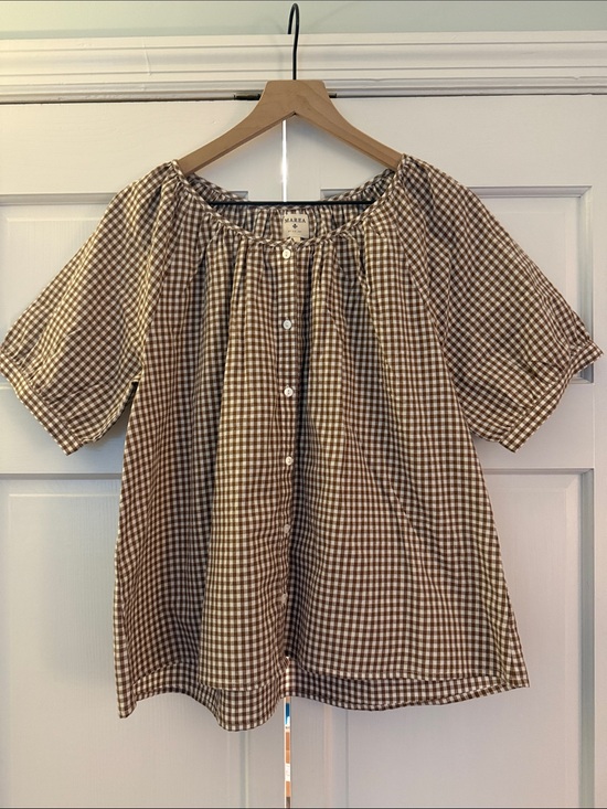 Marea By Liz Joy Tops - MAREEA Brown Gingham Button-Front Peasant Blouse